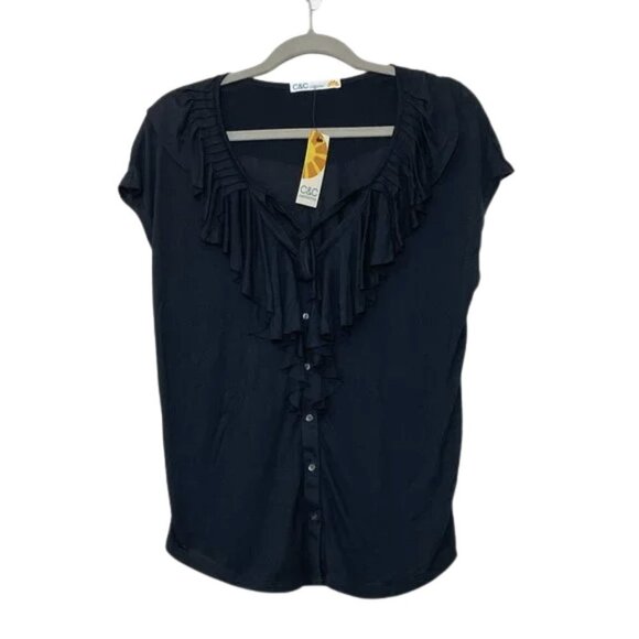 C&C California Tops - NWT C&C California Ruffle Button Down V Neck Black Knit Top Sz. S